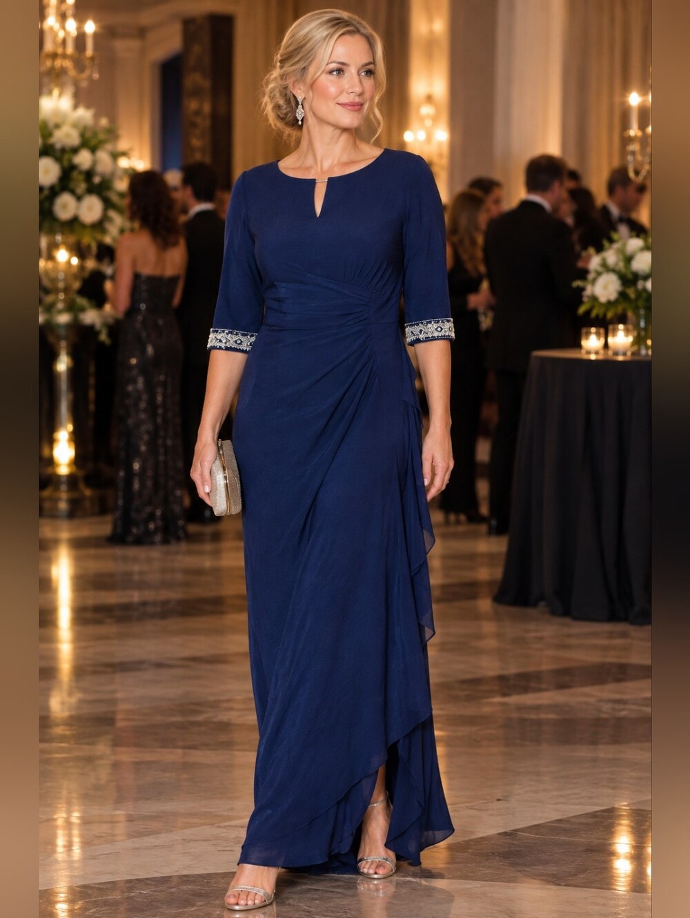 Alex Evenings Size 14 Blue Rhinestone Cuffs Ruched Side Jersey Knit Maxi Gown